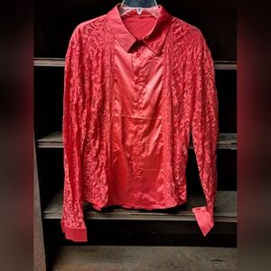 Elegant Red Lace and Satin Shirt